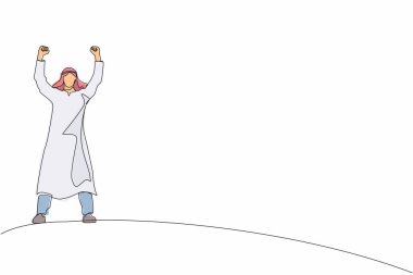 Tek sıra halinde duran ve elini kaldıran Arap işadamı. Başarılı bir adam. Kariyer amacı. Zafer işareti ya da sembol. Kazanan poz. Aralıksız çizgi çizimi tasarım grafik vektör çizimi