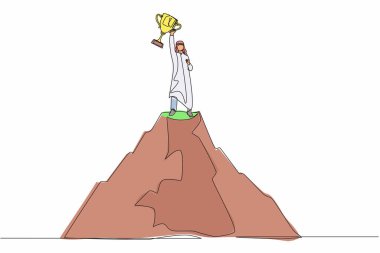 Devamlı bir çizgi, başarıyı en üste çekiyor. Arap işadamı dağın tepesinde kupayı kaldırdı. Kazanan, mutluluk, hedefe ulaşmak. Tek çizgi çizimi tasarım vektörü grafik çizimi