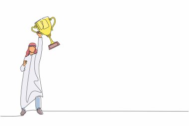 Kollarını havaya kaldırmış, elinde kupa olan Arap işadamı çizmeye devam ediyor. Adam iş ödülünü kutluyor. Kazanan ve hedefe ulaşan. Tek çizgi çizimi tasarım vektörü grafiği