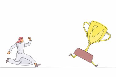 Arap işadamının ganimet yakalamaya çalıştığı tek sıra. Koşan ve kaçan adamın peşinden koşan bir adam. İş meydan okuma metaforu. Aralıksız çizgi çizimi tasarım grafik vektör çizimi