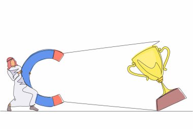 Tek sıra halinde, Arap işadamı büyük bir mıknatıs ile büyük ödüller çekiyor. Zafer işareti. Başarı, başarı, iş hedefleri konsepti. Bir çizgi çizimi grafik tasarım vektör çizimi