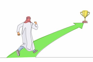 Tek sıra Arap işadamını kupa almak için ileri ok üzerinde koşarken çekiyor. Kariyerine ve işine başlamaya hazır insanlar. Müdür hedefe doğru koşuyor. Bir çizgi çizimi grafik tasarım vektörü