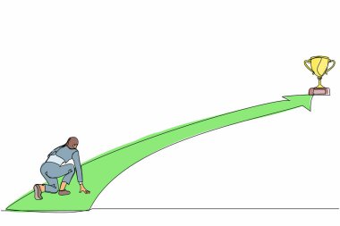 Tek sıra halinde iş kadını çekerek iş dünyasının ilk hedefine koşmaya hazır olun. Kupaya uzanıyorum. İş konsepti. Bir çizgi çizimi grafik tasarım vektörü