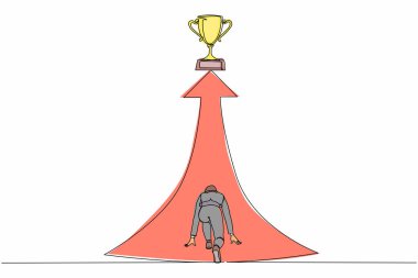 Tek sıra halinde geri görüşlü iş kadını rotanın sonunda kupa için koşmaya hazır. Vizyon görevi ve iş amacı. Kadın hedefine, motivasyonuna koşar. Tek çizgi çizme tasarım vektörü