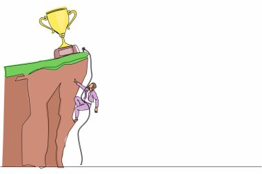 Tek sıra halinde dağcı kendini ipe asar ve kupa kazanmak için kayalık dağ duvarının tepesine tırmanır. Uçuruma tırmanan aşırı iş kadını. Devamlı çizgi çizimi grafik vektörü