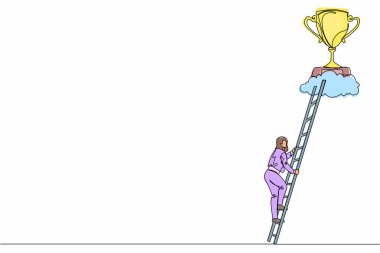 Tek sıra halinde iş kadını bulutların üzerinden kupa gibi tırmanıyor. Başarılı olmak için genç bayan tırmanma merdiveni. Başarılı olmak için motivasyon konsepti. Bir çizgi çizimi grafik tasarım vektör çizimi