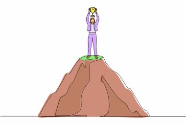 Yüksek dağın tepesinde elinde kupa tutan aktif bir iş kadınını çeken tek sıra. Başarı, hedef, başarı ve meydan okuma konsepti. Bir çizgi çizimi grafik tasarım vektör çizimi