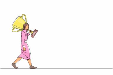 Tek sıra halinde bir iş kadını zafer sembolü olarak büyük kupa taşıyor. İş konsepti başarı ve rekabet. Modern sürekli çizgi çizimi tasarım grafik vektör çizimi