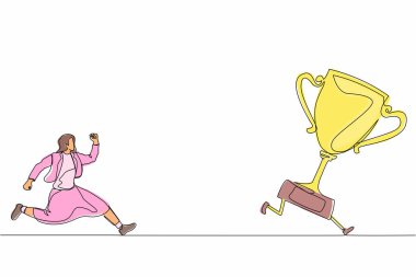 Aralıksız tek sıra halinde iş kadını kupa yakalamaya çalışıyor. Kadın koşuyor ve koşuyor. Kaçan kupayı kovalıyor. İş meydan okuma metaforu. Bir çizgi çizimi grafik tasarım vektör çizimi