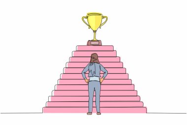 Devamlı tek sıra halinde merdivenin önünde elinde kupa ile etkin bir iş kadını bekliyor. Başarıya giden yol, hedef, iş vizyonu. Tek çizgi çizimi tasarım vektörü grafik çizimi