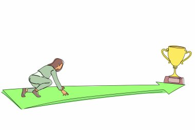 Kesintisiz tek sıra halinde yan gözle bakan iş kadını rotanın sonunda kupa için koşmaya hazır. Vizyon görevi ve iş amacı kavramı. Dişi, hedefine koşuyor. Tek çizgi çizme tasarım vektörü