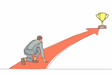 Sürekli bir hat çizen işadamı, hızlı koşuya hazır bir şekilde başlangıç pozisyonundaki iş hedefine hazırlanıyor. Kupaya uzanıyorum. İş konsepti. Tek çizgi çizimi tasarım vektörü grafiği