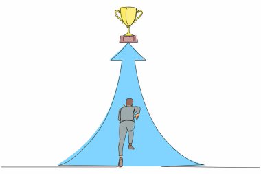 Tek sıra halinde kupa için uzanın. İşadamı hedefe koşuyor. Amaç için çalışan adam, başarı, gelişme, yetenek, zafer, motivasyon. Bir çizgi çizimi grafik tasarım vektör çizimi