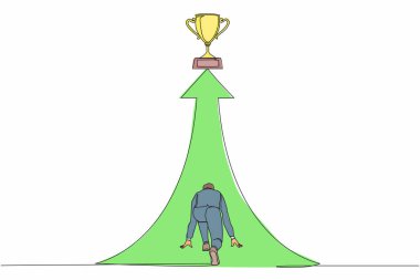 Tek sıra halinde geri görüş yapan işadamı güzergahın sonunda kupa için koşmaya hazır. Vizyon görevi ve iş amacı. Genç erkek hedefine koşuyor, motivasyon. Devamlı çizgi çizim tasarım vektörü