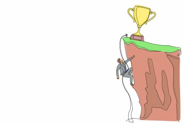 Tek sıra halinde dağcı kendini ipe asar ve kupa kazanmak için kayalık bir dağın tepesine tırmanır. Uçuruma tırmanan aşırı iş adamı. Bir çizgi çizimi grafik tasarım vektörü