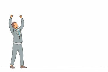 Tek sıra halinde genç işadamı ayakta duruyor ve elini veya kolunu kaldırıyor. Başarılı bir adam. Kariyer amacı. Zafer işareti ya da sembol. Kazanan poz. Aralıksız çizgi çizimi tasarım grafik vektör çizimi