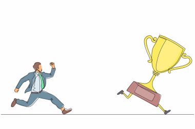 Tek sıra halinde iş adamı kupa yakalamaya çalışıyor. Koşan ve kaçan adamın peşinden koşan bir adam. İş meydan okuma metaforu. Dinamik bir çizgi grafik tasarım vektörü çizimi