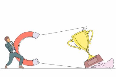 Büyük bir mıknatıs ile büyük kupayı çeken tek sıra halinde iş adamı. Zafer işareti. Başarı, başarı, iş hedefleri konsepti. Dinamik bir çizgi çizer grafik tasarım vektörü çizer