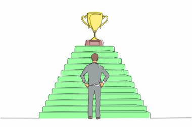 Tek sıra halinde duran işadamı, üzerinde kupa kupasıyla merdivenlerin önünde duruyor. Başarıya giden yol, hedef, iş vizyonu. Dinamik bir çizgi çizer grafik tasarım vektörü çizer
