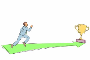 Altın kupaya koşan işadamını çeken tek satır. İş yönetimi ve görev vizyonu kavramı. Amaç, başarı, gelişme, zafer. Devamlı çizgi çizimi tasarım vektörü illüstrasyonu