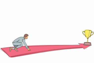 Tek sıra halinde yan görüş yapan işadamı yolun sonunda kupa için koşmaya hazır. Vizyon görevi ve iş amacı kavramı. İnsanlar hedeflerine koşar. Tek çizgi tasarım vektörü grafiği