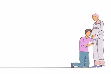 Tek sıra halinde, erkek ya da koca diz çöküp Arap hamile karısının karnını dinlerken yeni doğmuş bir bebek bekliyor. Gelecekteki ebeveyn karakteri. Bir çizgi grafik tasarım vektör çizimi