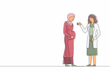 Doktorun randevusunda sürekli olarak Arap hamile kadın çiziyor. Bebek bekleyen bir kadın doktor muayenehanesi, hamilelik sırasında muayene. Tek çizgi çizimi tasarım vektörü grafik çizimi