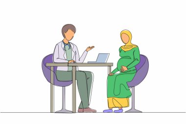 Bir satırda Arap hamile bir kadını doktorla görüştürmek. Hamilelik ve hamilelik. Bebek bekleyen mutlu kadın karakter. Aralıksız çizgi çizimi tasarım grafik vektör çizimi