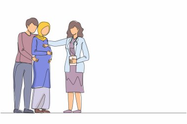 Hamilelik öncesi ilaçları çizmeye devam et. Kocası ve kadın doktoru olan Arap hamile bir kadın. Üniformalı bir doktor. Danışmanlık, hekimin tavsiyeleri. Tek çizgi tasarım vektörü