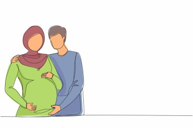 Hamilelik ve partnerin doğumuyla ilgili düz çizimler çizmeye devam et. Kocası olan genç bir Arap hamile kadın. Adam karısına göz kulak olur ve sarılır. Tek çizgi çizimi tasarım vektörü grafiği