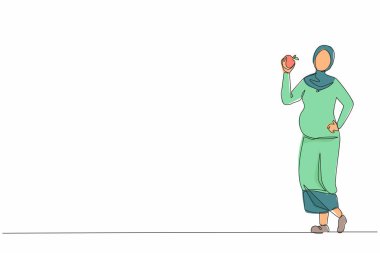 Aralıksız çizilen tek sıra mutlu, Arap hamile bir kadının elmasını tutuyor. Hamilelik ve annelik kavramı sağlıklı taze meyve yiyerek. Bir çizgi çizimi grafik tasarım vektör çizimi