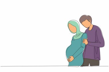 Sürekli bir çizgi halinde genç adam, Arap hamile kadını dikkatlice kucakladı. Karı koca bebek bekliyor, genç ebeveynler, aile desteği. Tek çizgi çizimi tasarım vektörü grafik çizimi