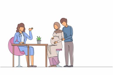 Tek sıra, Arap Müslüman bir ailenin izole edilmiş bir çocuğu ziyaret etmesini bekliyor. Doktor, hamile bir kadına kocasını danışıyor. Modern sürekli çizgi çizimi tasarım grafik vektör çizimi