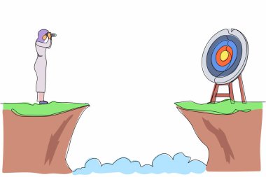 Sürekli bir çizgi elinde dürbünle uçurumun kenarında duran Arap iş kadını çiziyor. İş hedefi kavramı. Kadın başarıya odaklanıyor. Tek çizgi çizimi tasarım vektörü grafik çizimi