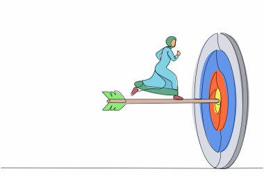 Hırslı bir Arap iş kadını dartla tam on ikiden vurdu. Hedefe ulaşıldı. İş metaforu. Başarılı iş konsepti. Devamlı çizgi tasarımı grafik vektör illüstrasyonu