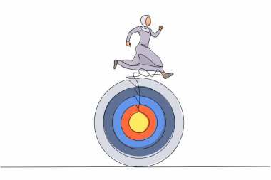 Arap iş kadınlarını hedefleri doğrultusunda hareket ettiren tek sıra. Kadın hedefe doğru koşuyor. İş rekabetinden başarıya. Pazarlama kariyeri. Bir çizgi çizimi grafik tasarım vektör çizimi