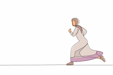 Aralıksız tek sıra halinde koşan Arap iş kadını. İş konsepti. Mutlu jest işçisi. İş için tesettürde başarılı bir kadın. İş adamları. Bir çizgi grafik tasarım vektör çizimi