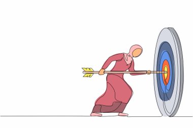 Arap iş kadınlarını tek sıra halinde çeken tek bir çizgi. Hedefi elde etmek için oku elinde tutuyor. İş kavramına odaklan. Hevesli insanlar. Görev tamamlandı. Bir çizgi çizimi grafik tasarım vektörü