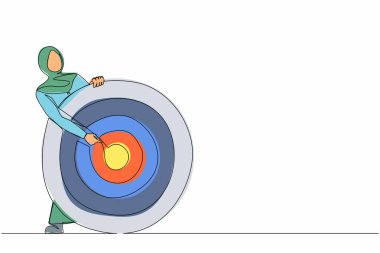Bir satırda, okçu hedefini ya da gösterge panelini hedef alan Arap iş kadını görülüyor. İş hedefine odaklan, motivasyon hedefini belirle. Devamlı çizgi çizimi grafik vektörü