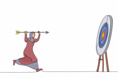 Aralıksız bir çizgi, pozitif hırslı Arap iş kadını hedefine büyük bir ok doğrultuyor. Gol başarı konsepti. İş amacı, amaç, strateji başarısı. Tek çizgi çizimi tasarım vektörü grafiği