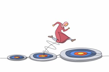 Tek sıra halinde, Arap iş kadını daha büyük bir hedefe atlıyor, başarılı bir şekilde. Kariyerinde ya da iş geliştirme konseptinde ilerleme. Heves ve motivasyon. Bir çizgi grafik tasarım vektörü