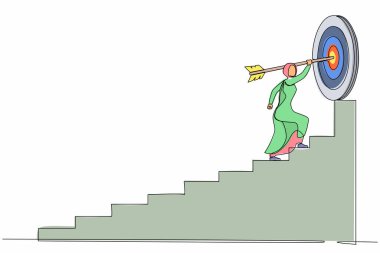 Aralıksız tek sıra halinde, hedefine doğru koşan bir okla Arap iş kadını merdivenlerden, başarı basamaklarından geçiyor. Tek çizgi tasarım vektör grafik çizimi