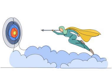 Başarılı olmak için okla ileri uçan süper kahraman Arap iş kadınını çeken tek satır. Güç liderliği hırsı ve başarı. Devamlı çizgi tasarımı grafik vektör illüstrasyonu