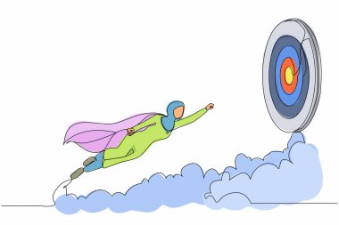 Devamlı olarak, pelerinli süper kahraman Arap iş kadını hedefe doğru uçuyor. İş başarısı, liderlik, profesyonellik, hedef başarısı. Tek çizgi tasarım vektör grafik çizimi