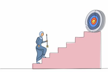 Tek sıra halinde, elinde ok tutan Arap iş kadını yüksek hedefe doğru koşuyor. İş büyümesi, başarıya giden yol. Kariyer yolu. Bir çizgi çizimi grafik tasarım vektör çizimi