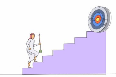 Tek sıra halinde, ok tutan Arap işadamı yüksek hedefe doğru koşuyor. İş büyümesi kavramı ve başarıya giden yol. Kariyer yolu. Devamlı çizgi tasarımı grafik vektör illüstrasyonu
