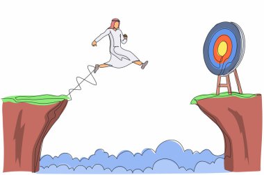Arap işadamlarının hedefe ulaşmak için uçurumdan atlamalarını sağlayan bir hat. Başarı risk alırken hareket eder. Girişimci sorunları, motivasyon, kişisel gelişim. Tek çizgi tasarım vektörü grafiği
