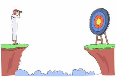 Elinde dürbünle uçurumun kenarında duran Arap işadamını çizmeye devam et. İş hedefi kavramı. İşadamı başarıya odaklanıyor. Tek çizgi tasarım vektör grafik çizimi