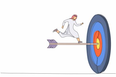 Tek sıra halinde, Arap işadamını dartla hedef alıyor. Hedefe ulaşıldı. İş metaforu. Başarılı iş konsepti. Dinamik bir çizgi grafik tasarım vektörü çizimi
