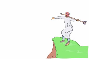 Tek sıra halinde güçlü Arap işadamı hedefine ulaşmak için yükselen oku fırlatıyor. İş büyümesi, başarı ve gelişme kavramı. Bir çizgi çizimi grafik tasarım vektör çizimi